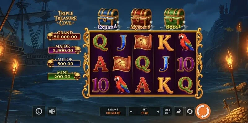 Triple Treasure Cove - Hold and Win bonus turu, madeni paralarla