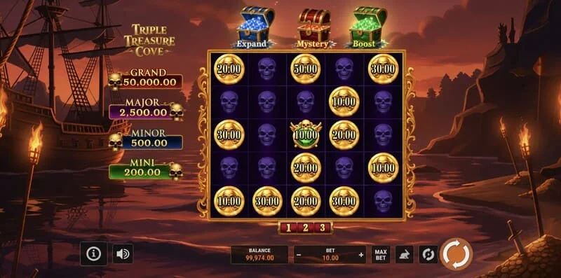 Triple Treasure Cove - çarklar ve bir korsan koyu ile ana ekran